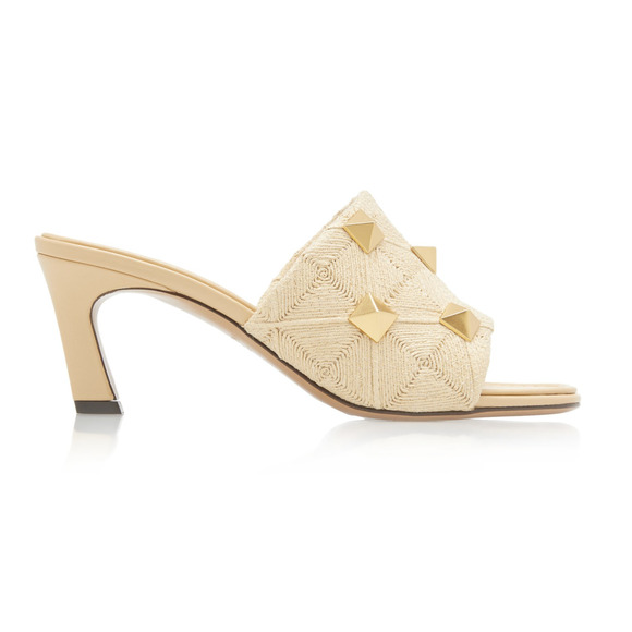 Valentino Rockstud Roman Stud Beige Raffia Backless Mule Slide Heel Sandal 36